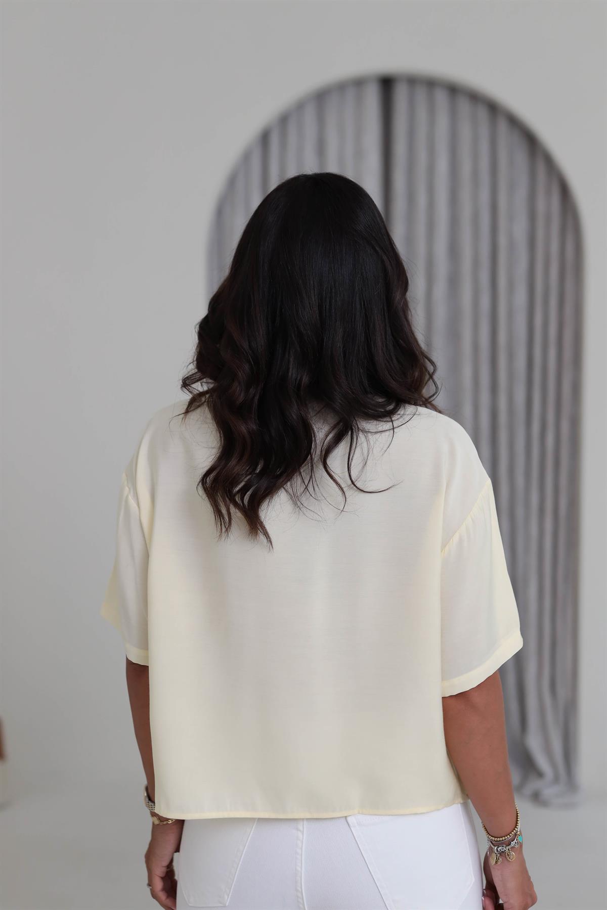 1261 Cep Nakış İşlemeli Tencel Kısa Kol Gömlek SARI