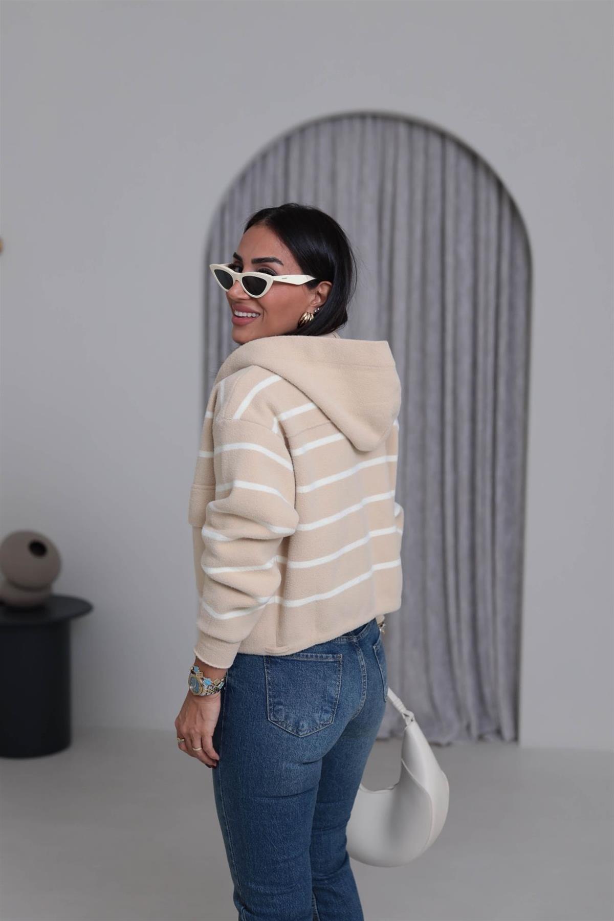 4600 Gold Düğme Detaylı Çizgili Angora Ceket KREM