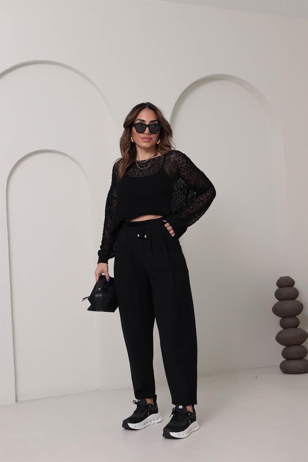 0266 Önden Bağcıklı Tencel Kumaş Havuç Pantalon SİYAH