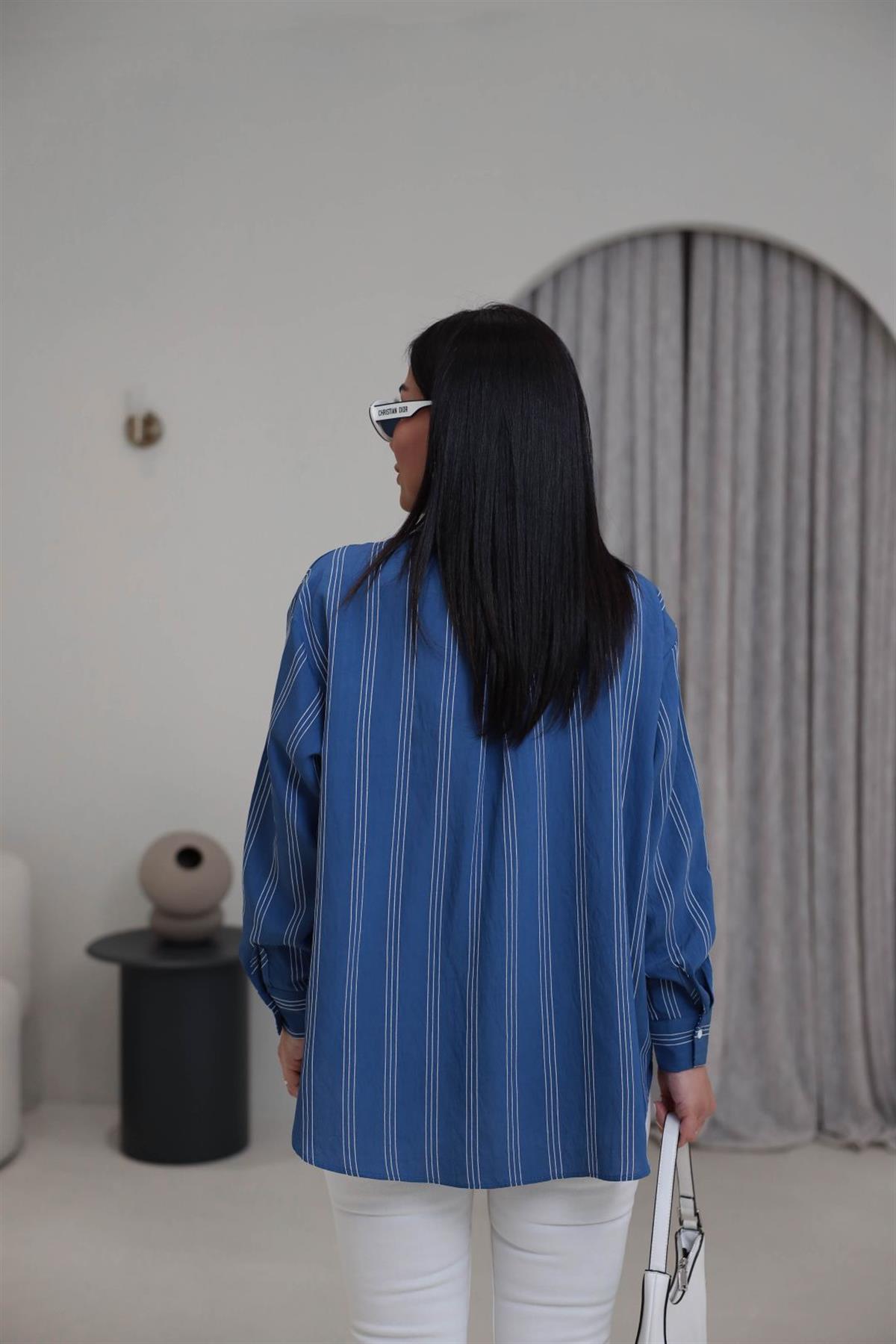 4003 Cepli Çizgili Viskon Gömlek MAVİ