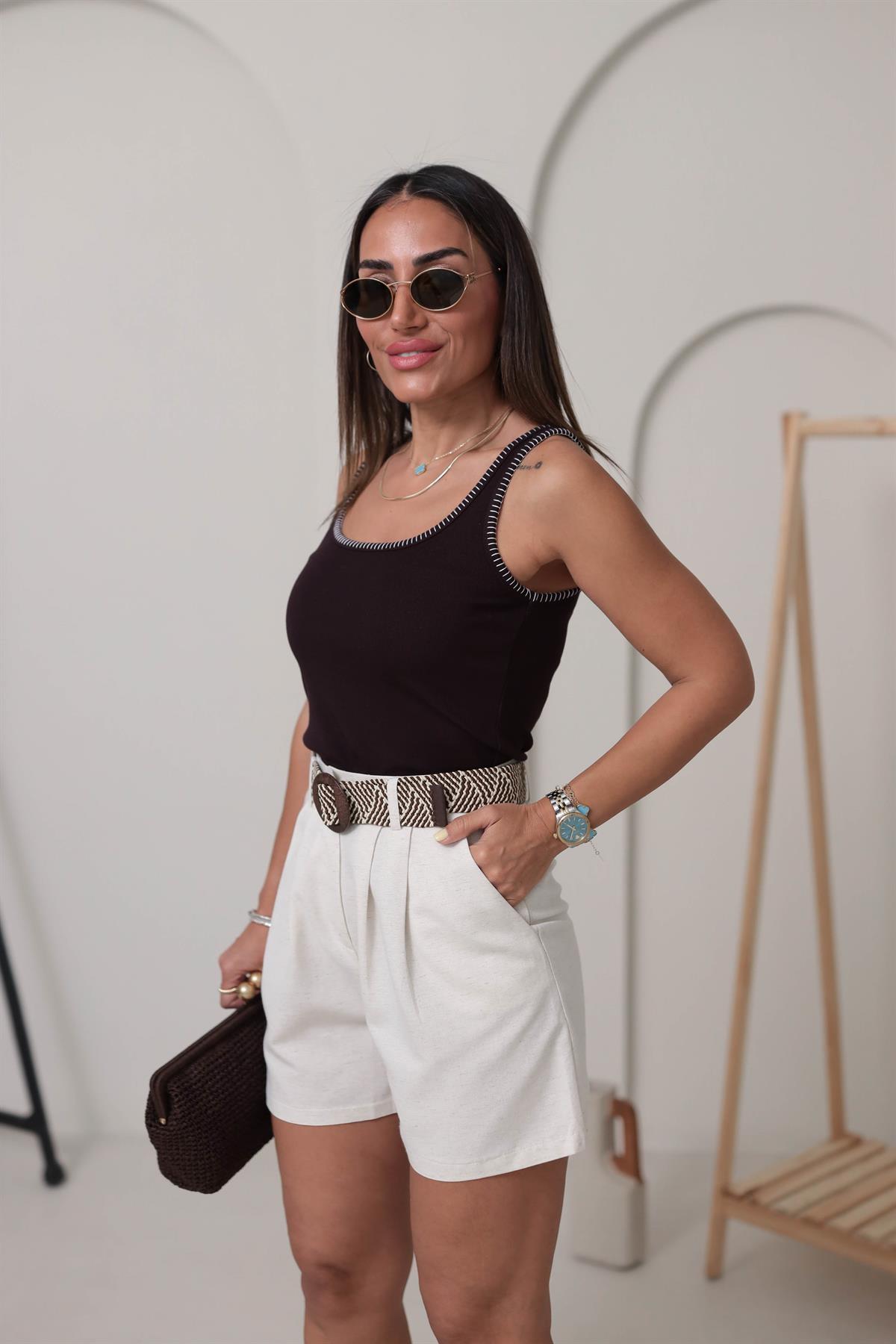 Süs Dikiş Detay İpek Triko Atlet KAHVE