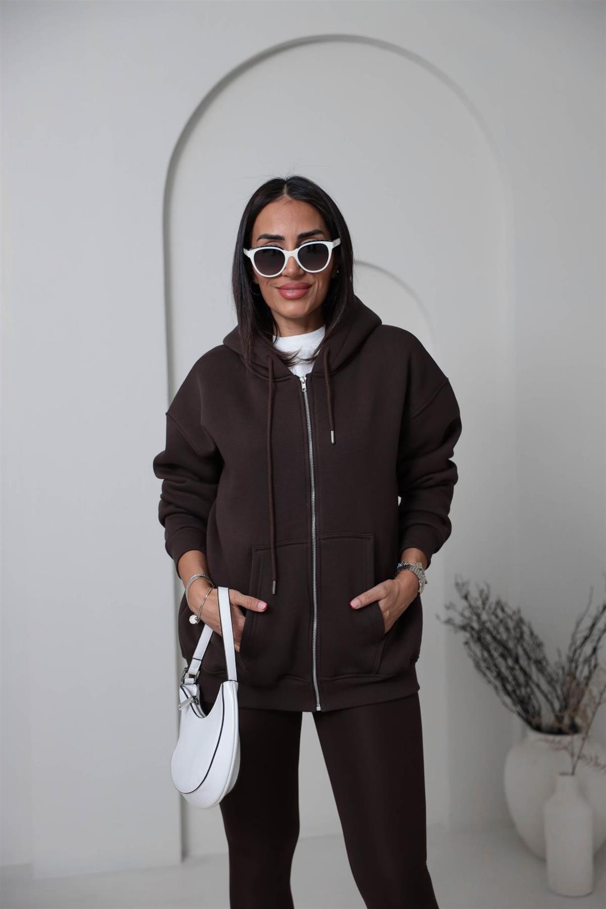 1003 3 İplik Şardonlu Kapşonlu Fermuarlı Ceket KAHVE