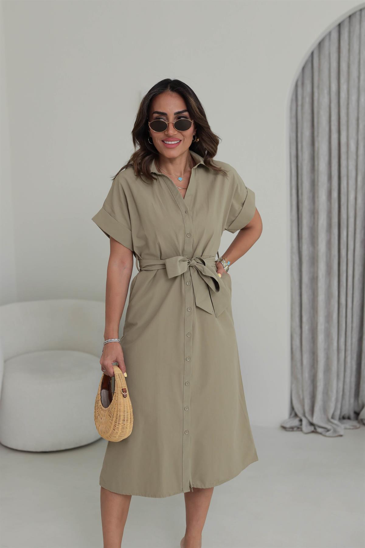 Orj Kuşaklı Gömlek Elbise HAKİ YEŞİL