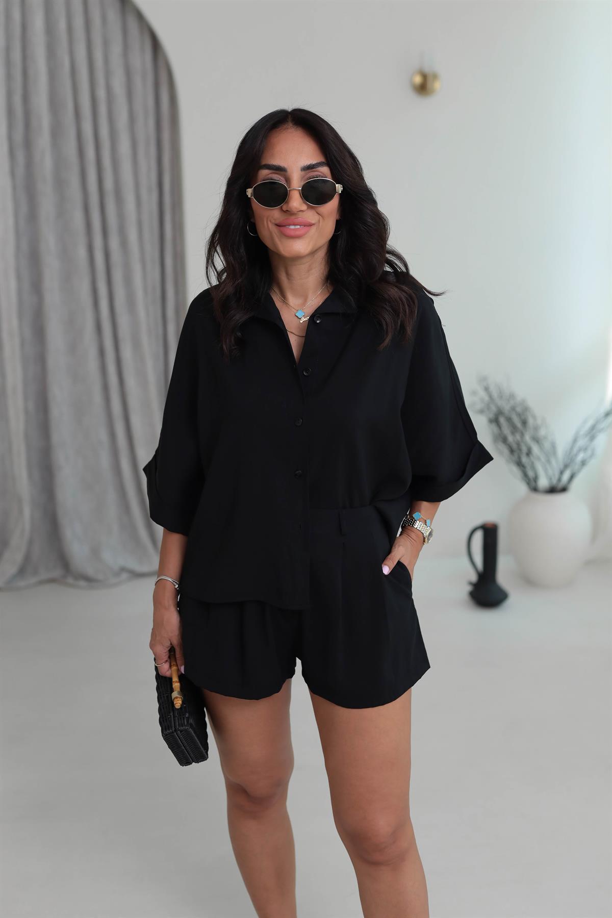 513 Tencel Düşük Omuz Gömlekli Şort Takım SİYAH