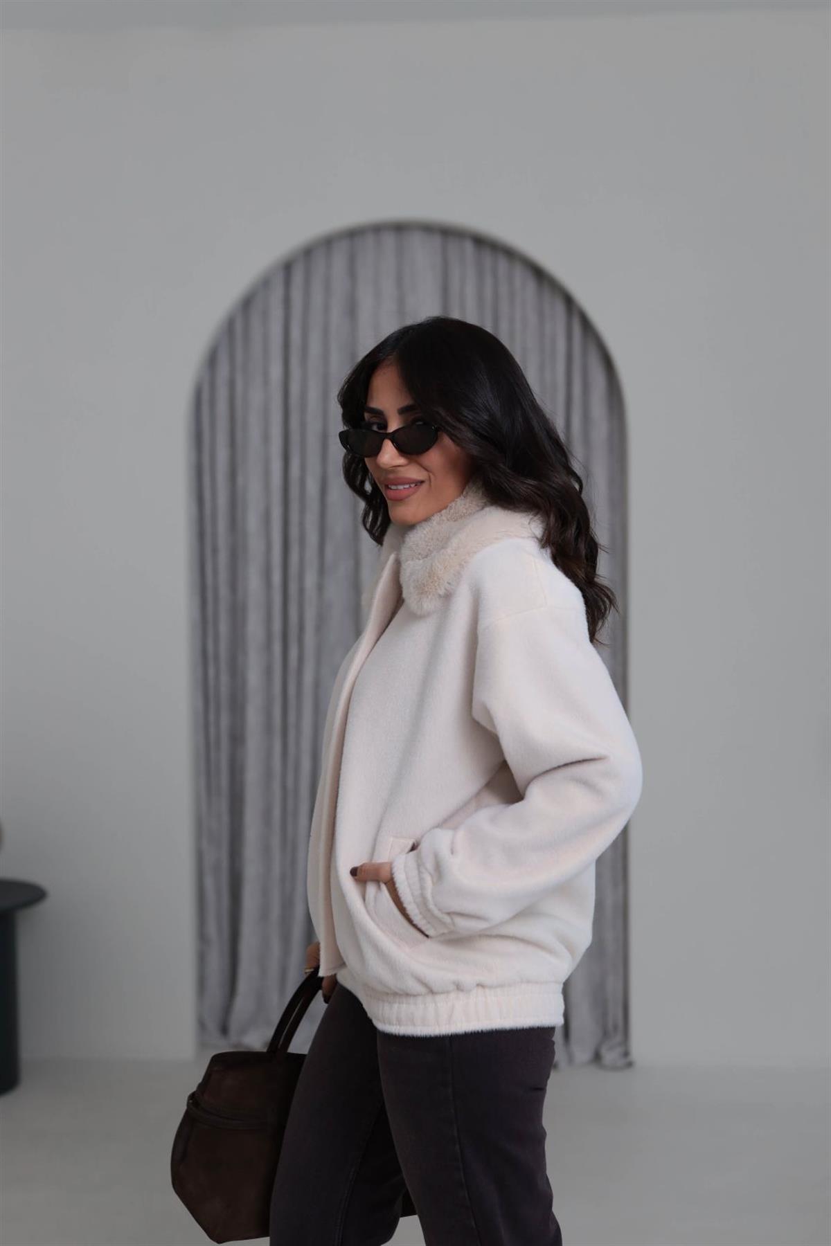 0099 Yaka Kürklü Alpaka Kaban EKRU