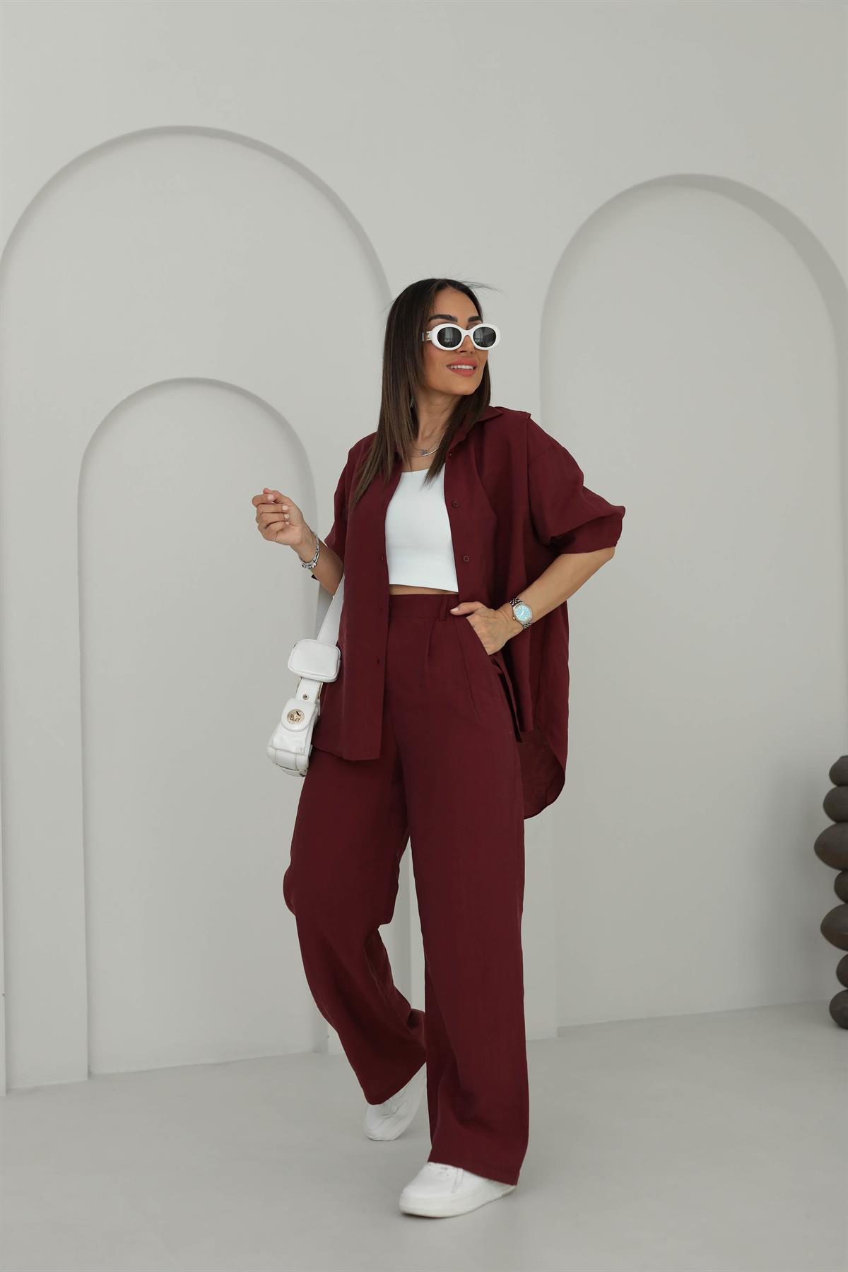 8557 Tencel Kumaş Gömlekli Takım BORDO