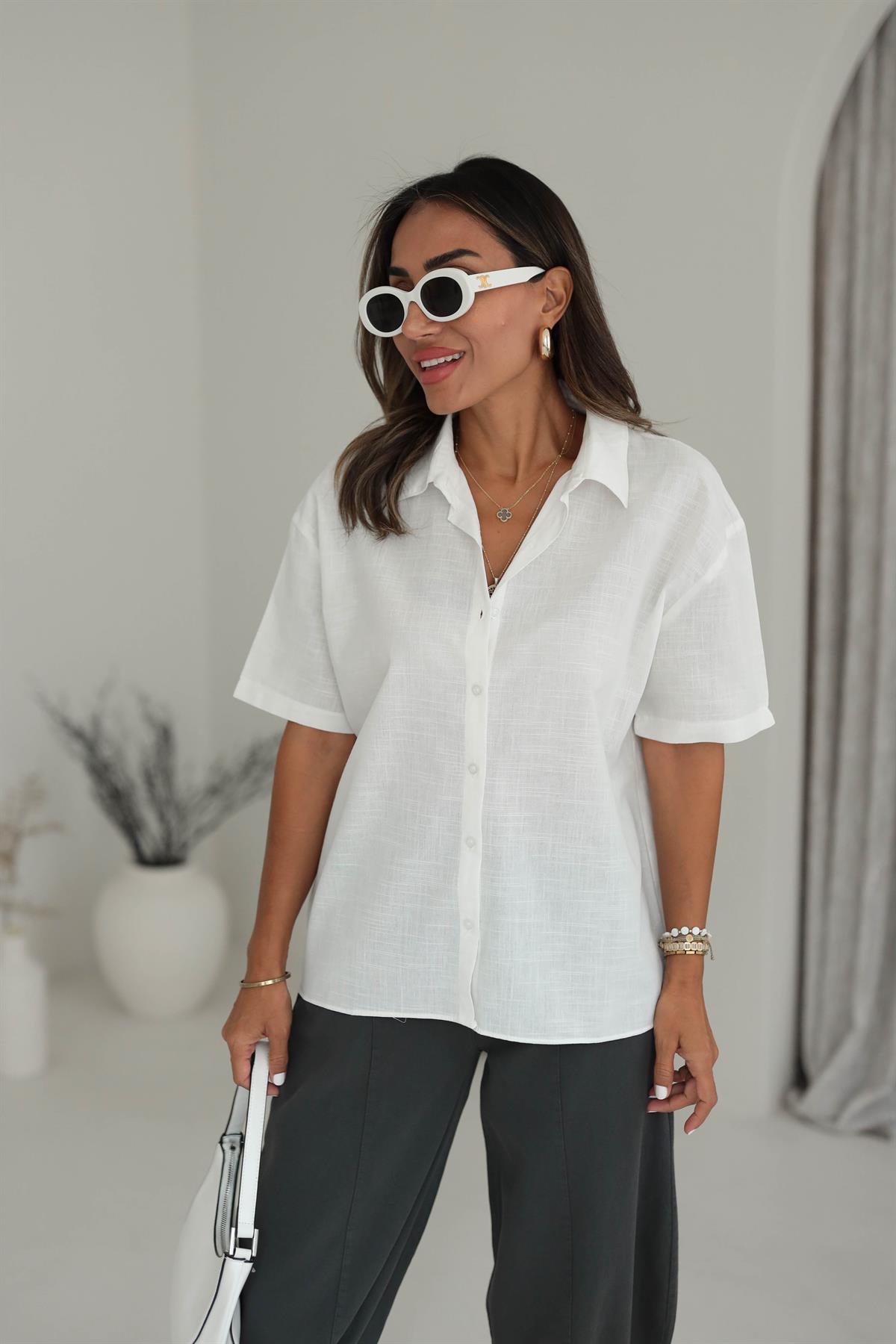 4624Y Keten Kısa Kol Gömlek