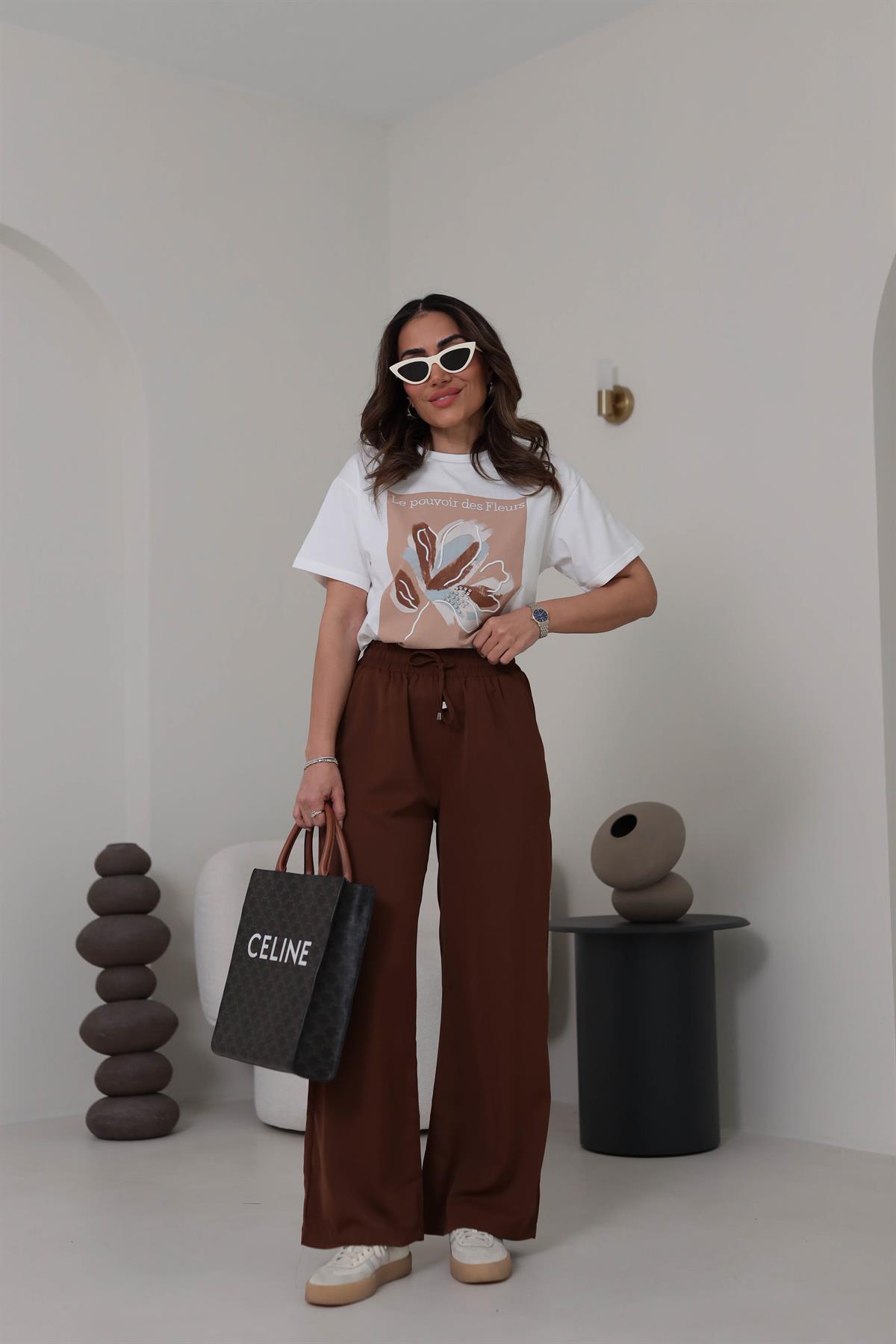 0223 Çiçek ve Taş Detaylı Tshirt KAHVE