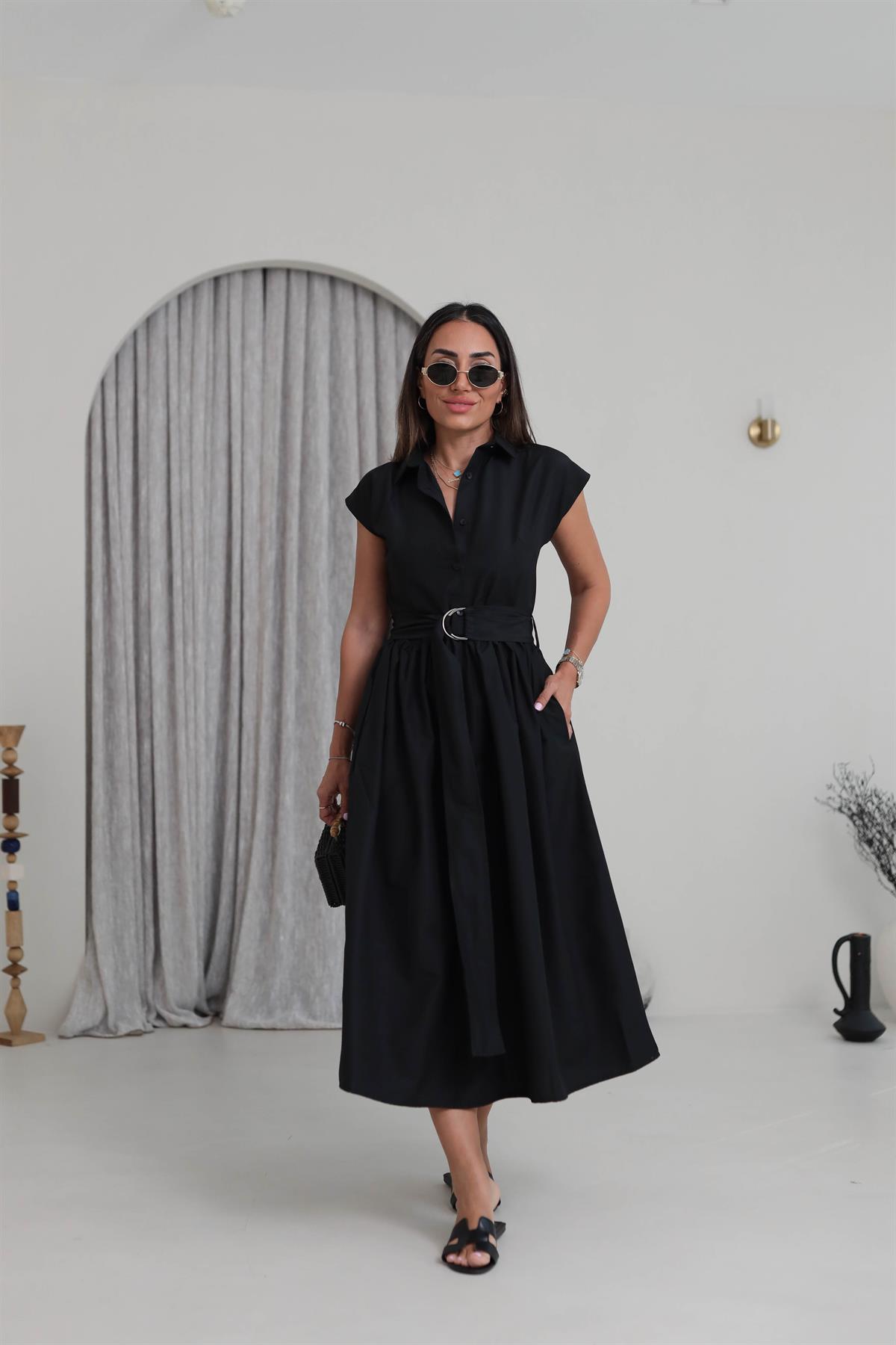 501 Polo Yaka Düğmeli Kuşaklı Uzun Elbise SİYAH