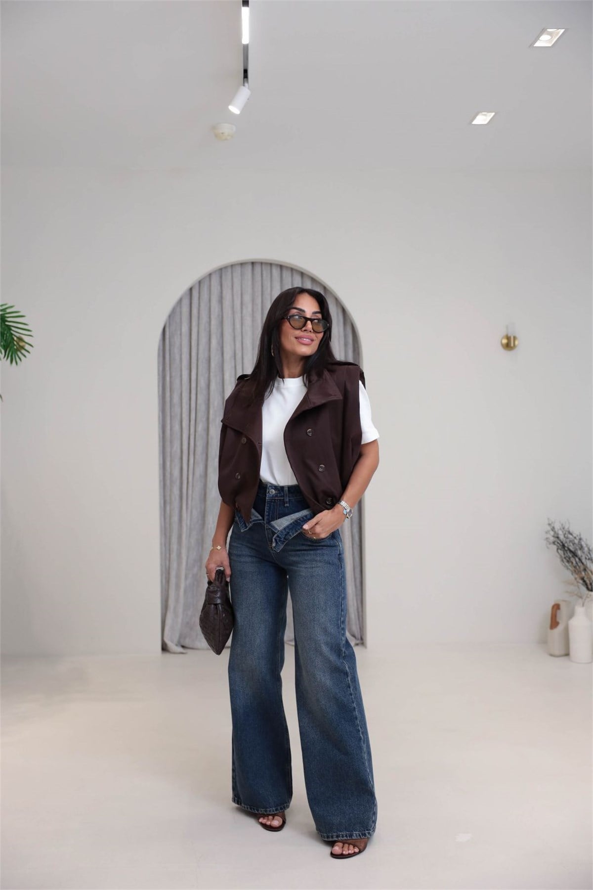 1065 Asimetrik Bel Detaylı Palazzo Denim Pantolon TİNTLİ MAVİ