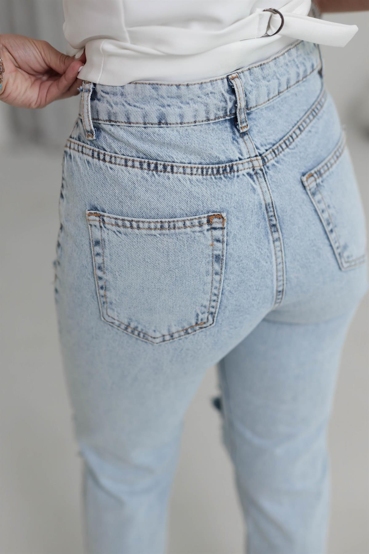 1001 Yırtık Detaylı Mom Jean BUZ MAVİ