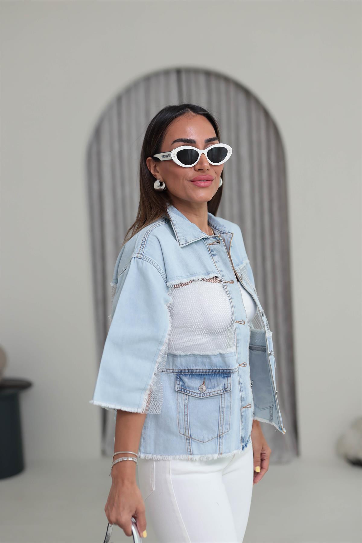 2701 File Detaylı Tasarım Kot Ceket BUZ MAVİ