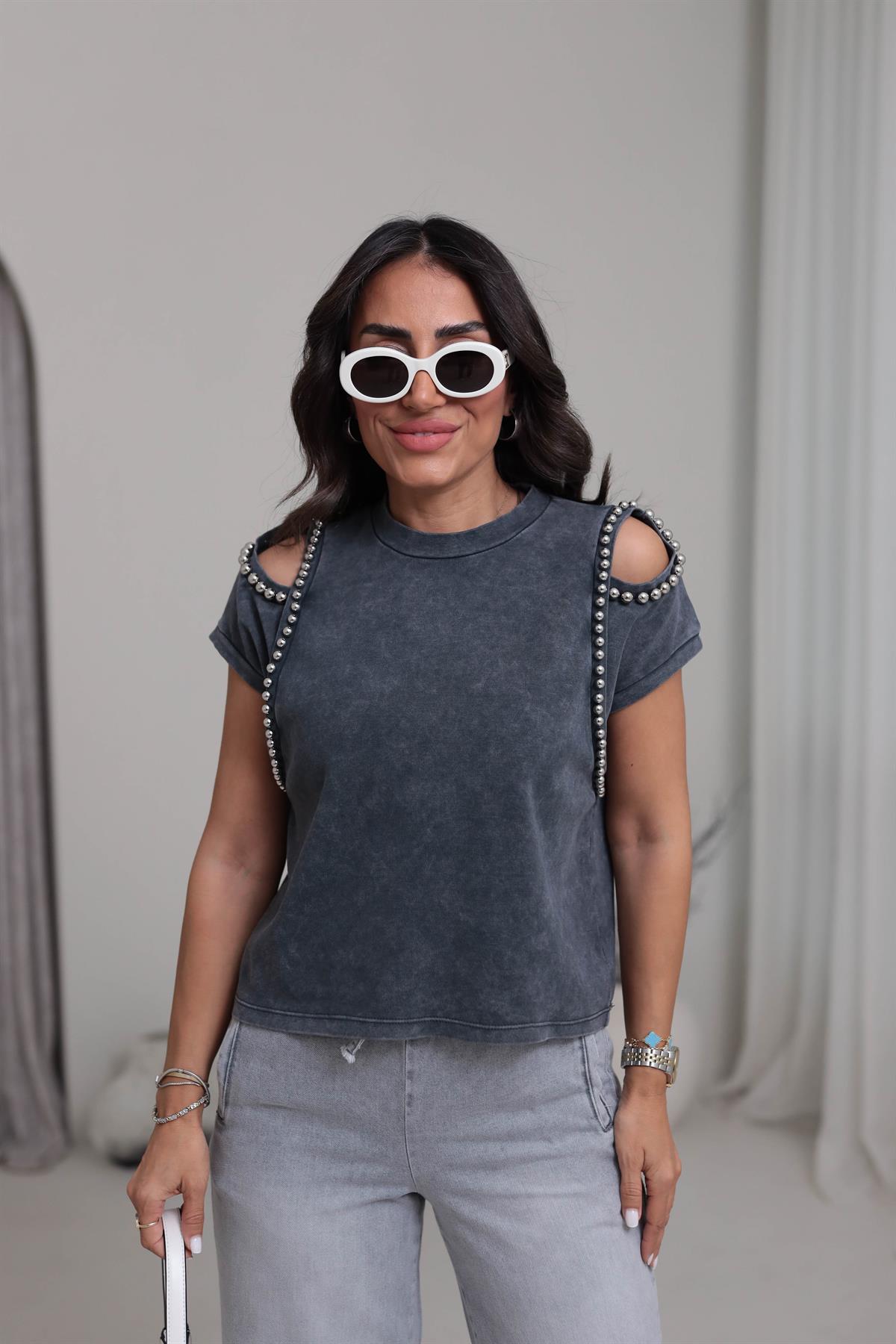 7089 Yıkamalı Boncuk Detay Pamuklu Tshirt FÜME