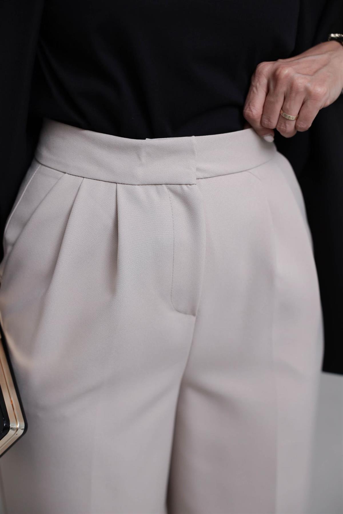 3869 Çift Pilili Kumaş Pantolon TAŞ