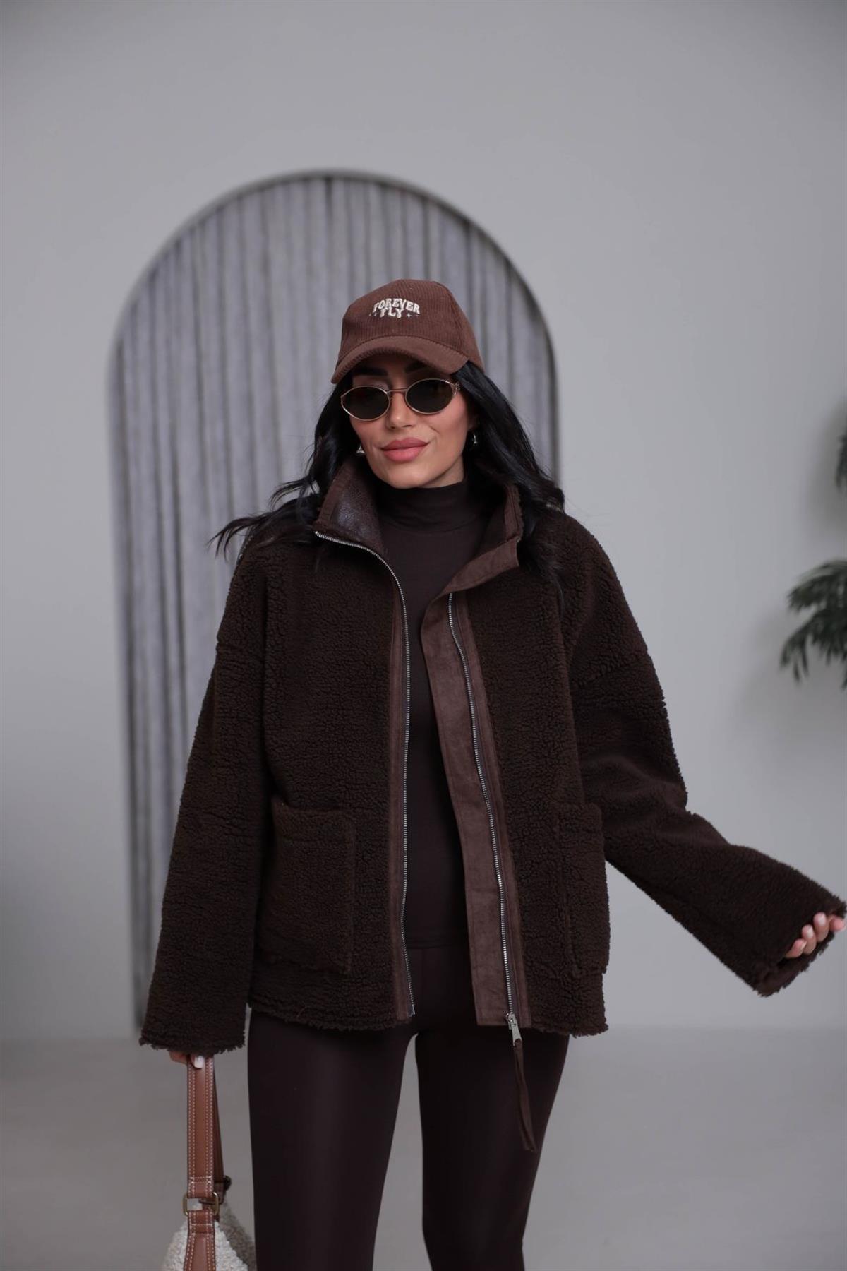 2895 Dik Yaka Fermuarlı Teddy Mont KAHVE