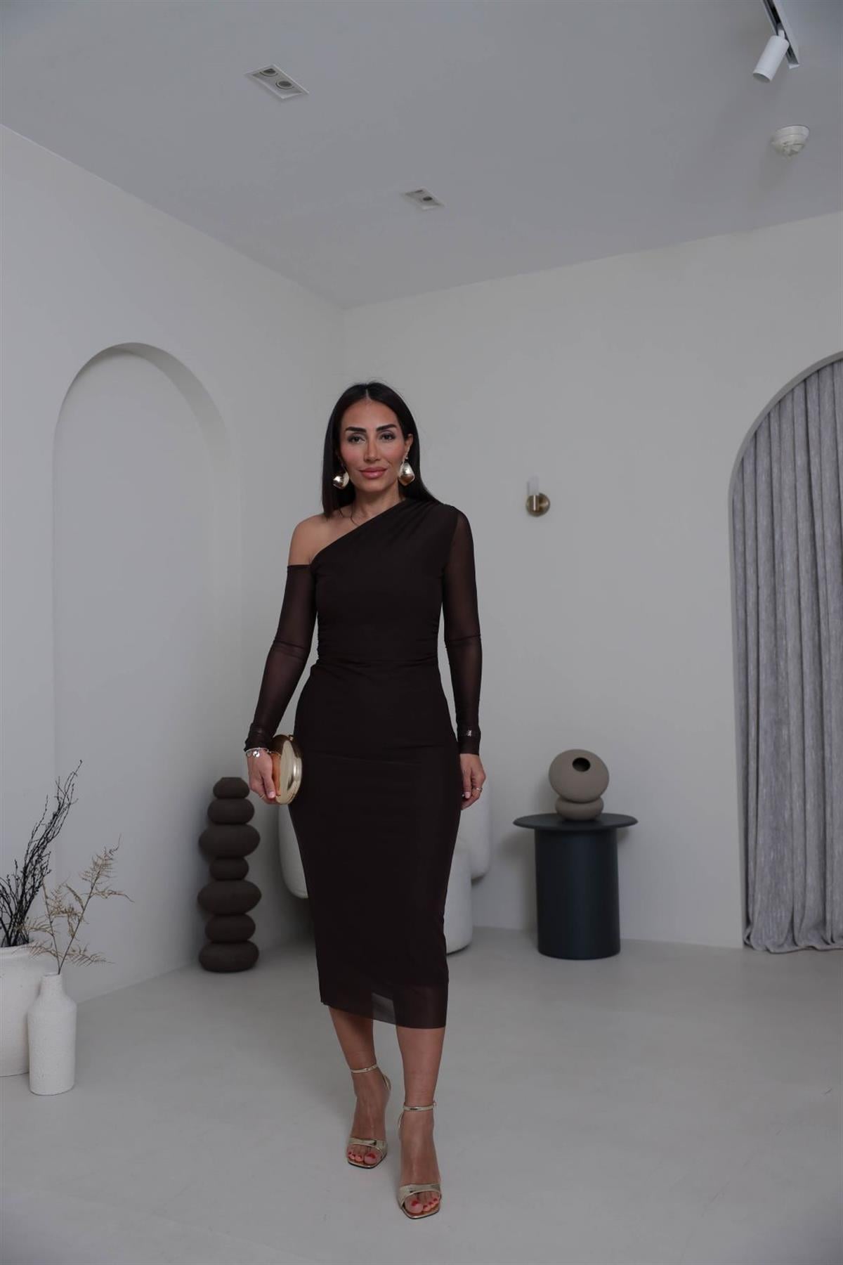 K1942 Tek Omuz Detay Drapeli Tül Elbise KAHVE