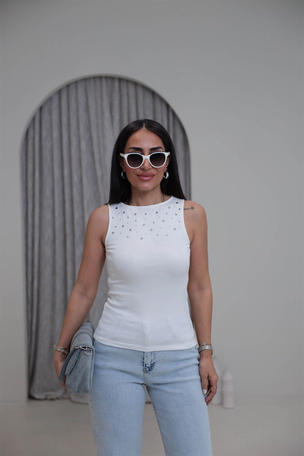 7588 Drop Detaylı Sıfır Kol Pamuklu Atlet BEYAZ