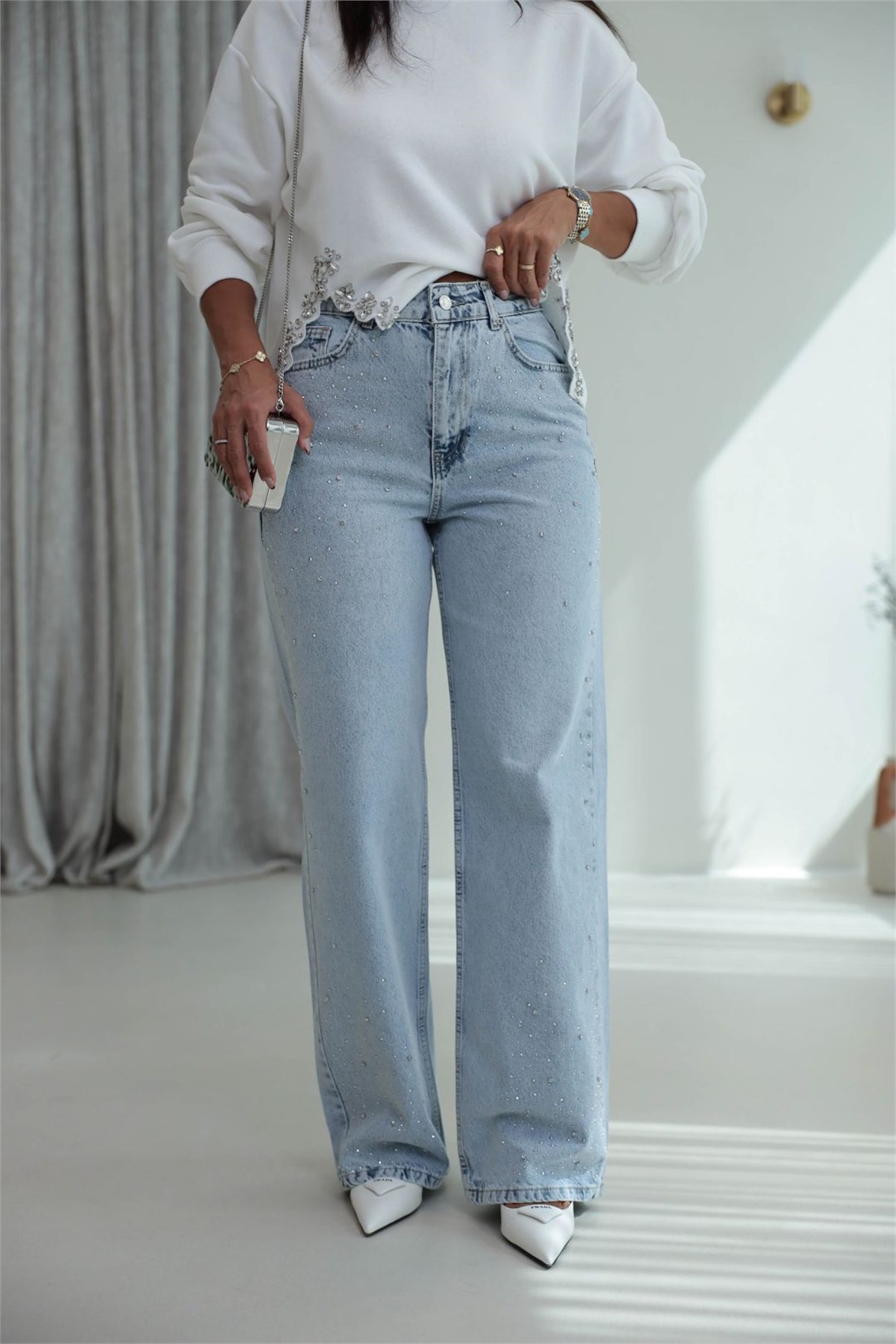 1071 Serpme Taş Detaylı Yüksek Bel Denim Pantolon BUZ MAVİ