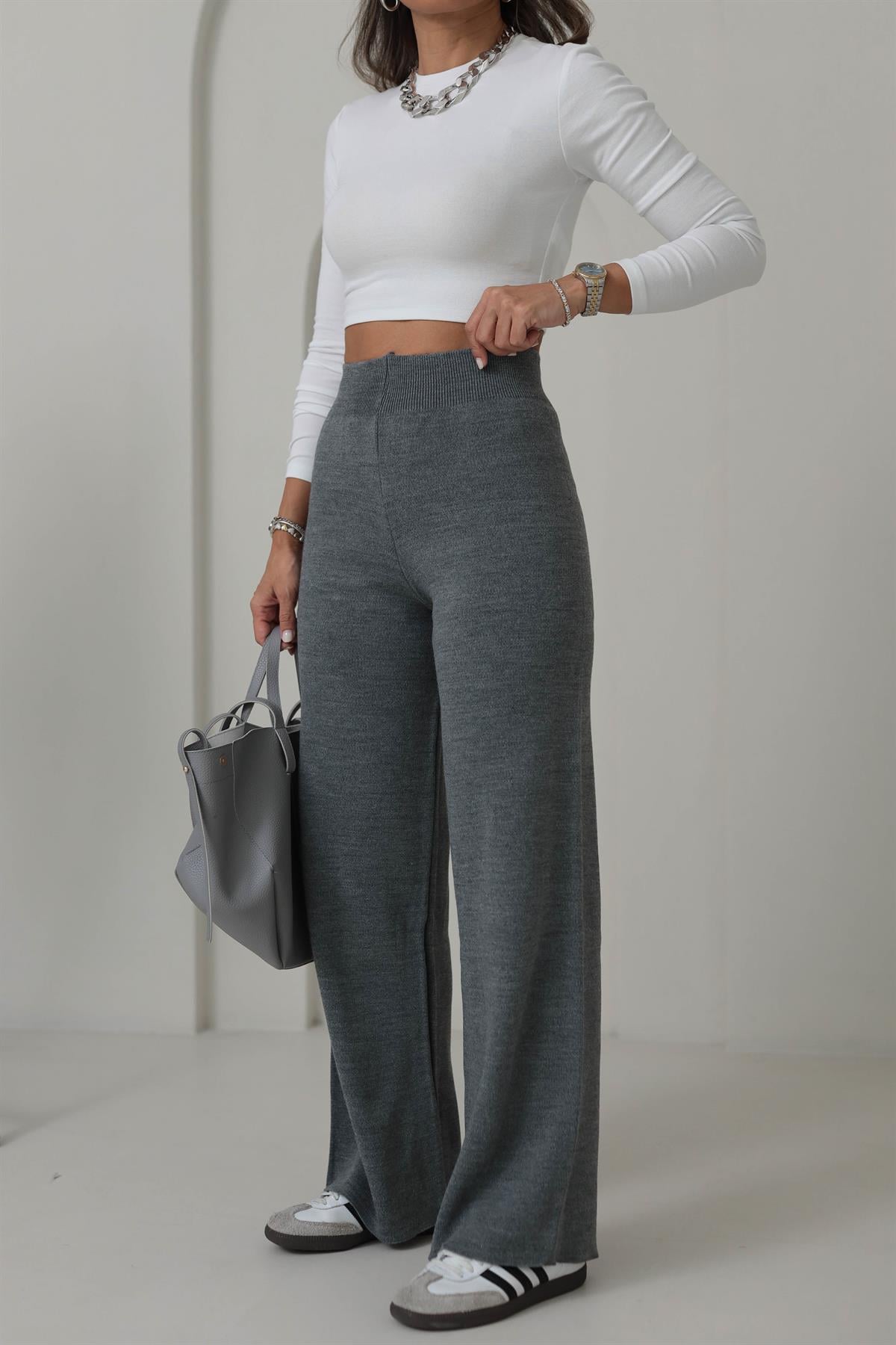 0003 Bol Kalıp Bel Lastikli Triko Pantolon KOYU GRİ