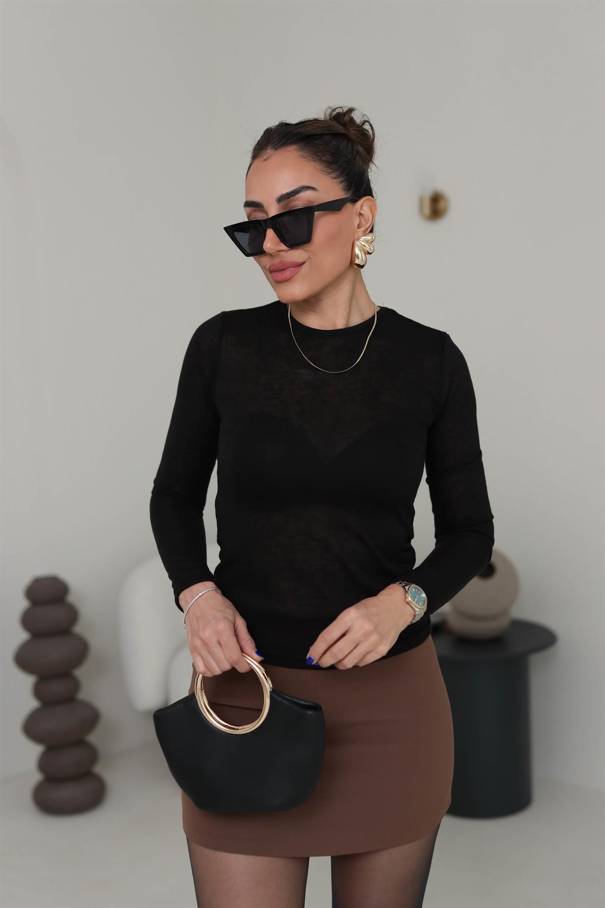 1091 Bisiklet Yaka Transparan Bluz SİYAH