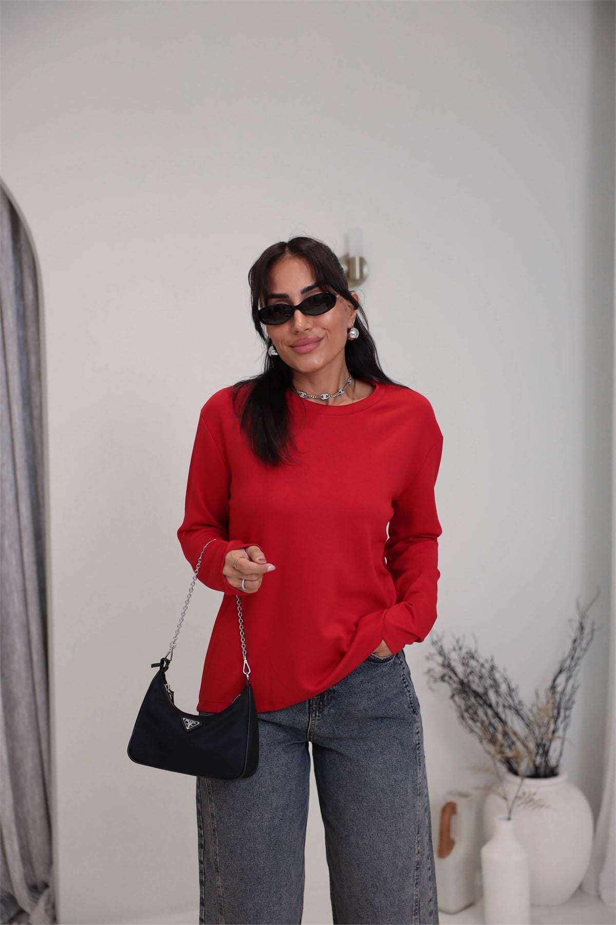 1448 Bisiklet Yaka uzun Kollu Oversize Tshirt KIRMIZI
