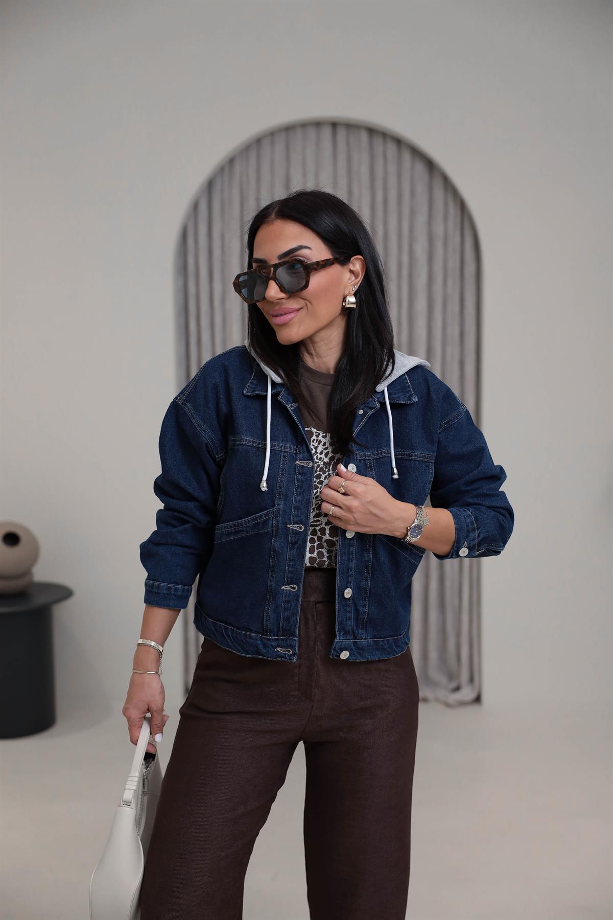 5039 Penye Kapüşonlu Kot Ceket KOYU MAVİ