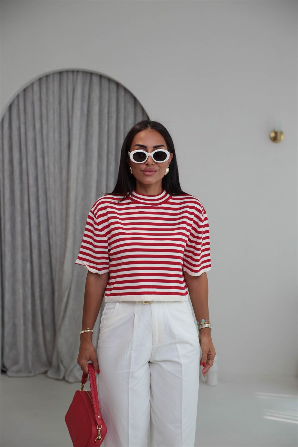 5439  Yarım Balıkçı Çizgili Crop Triko Bluz KIRMIZI