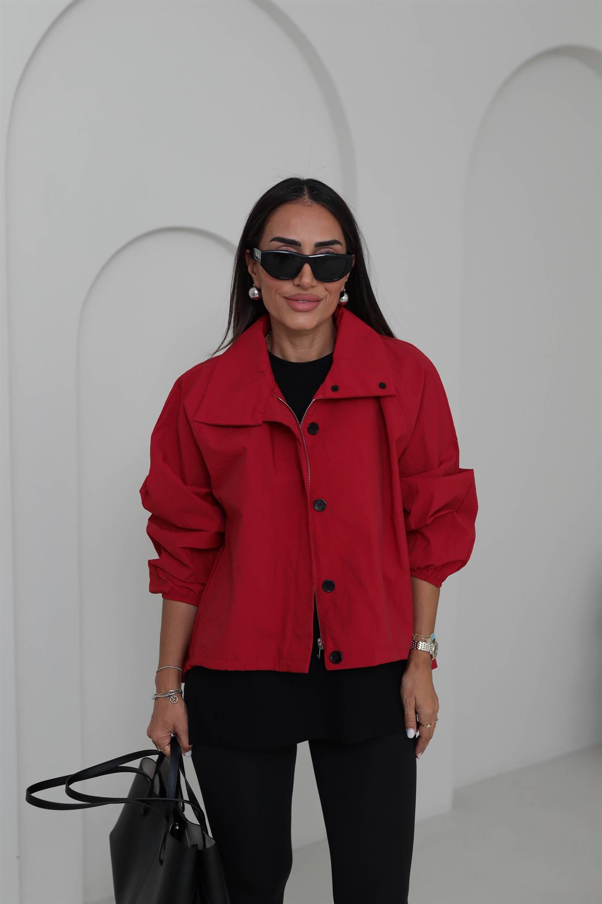 6721 Dik Yaka Düğmeli Fermuarlı Bomber Ceket KIRMIZI