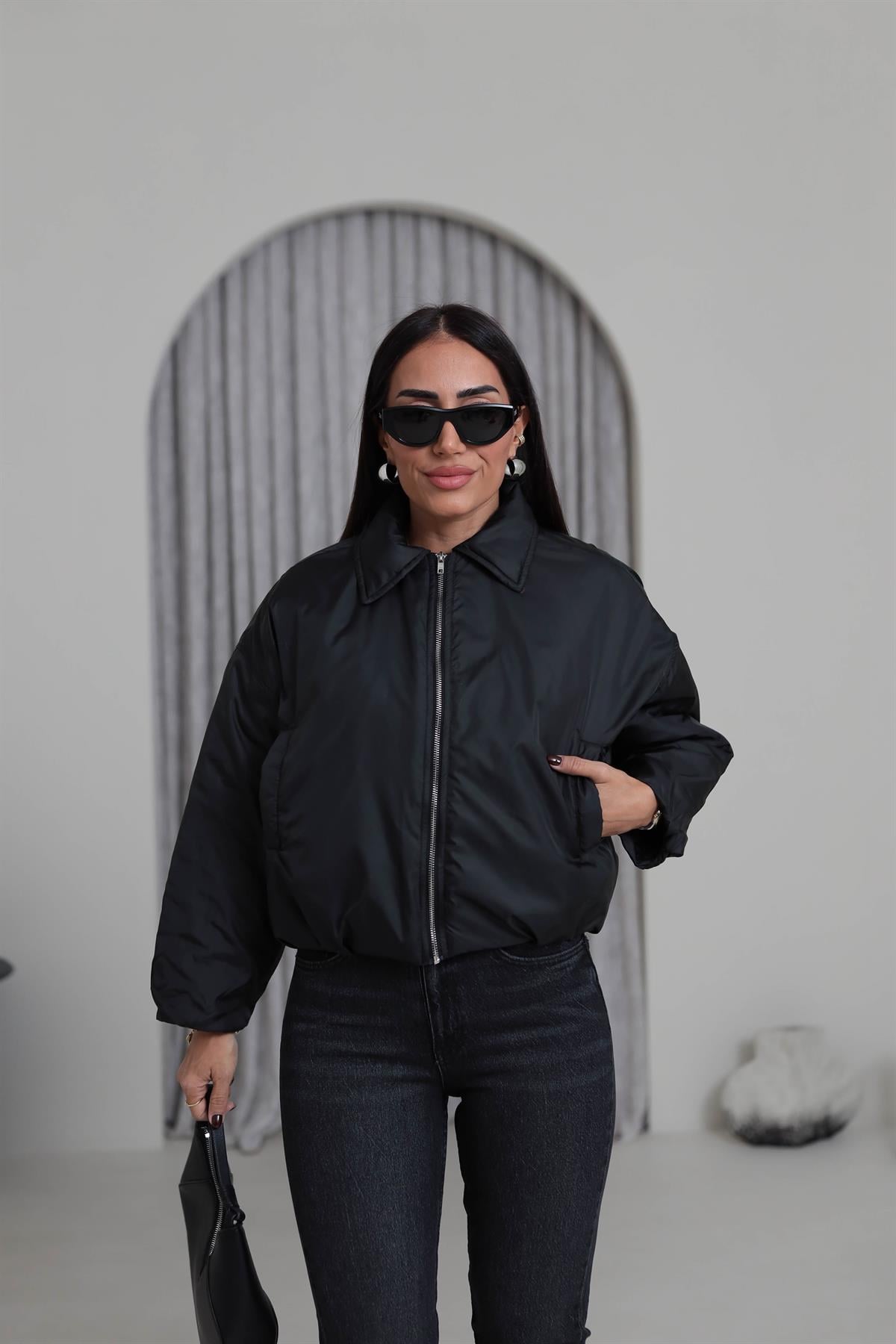 5871 Önden Fermuarlı İçi Kapitone İnce Mont SİYAH