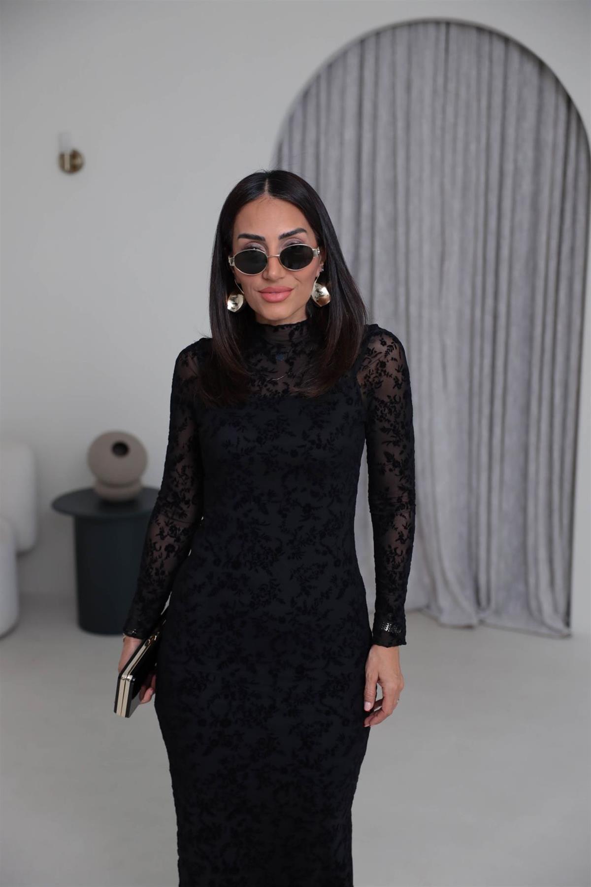 1164 Flok Baskılı Yırtmaçlı Maxi Boy Tül Elbise SİYAH