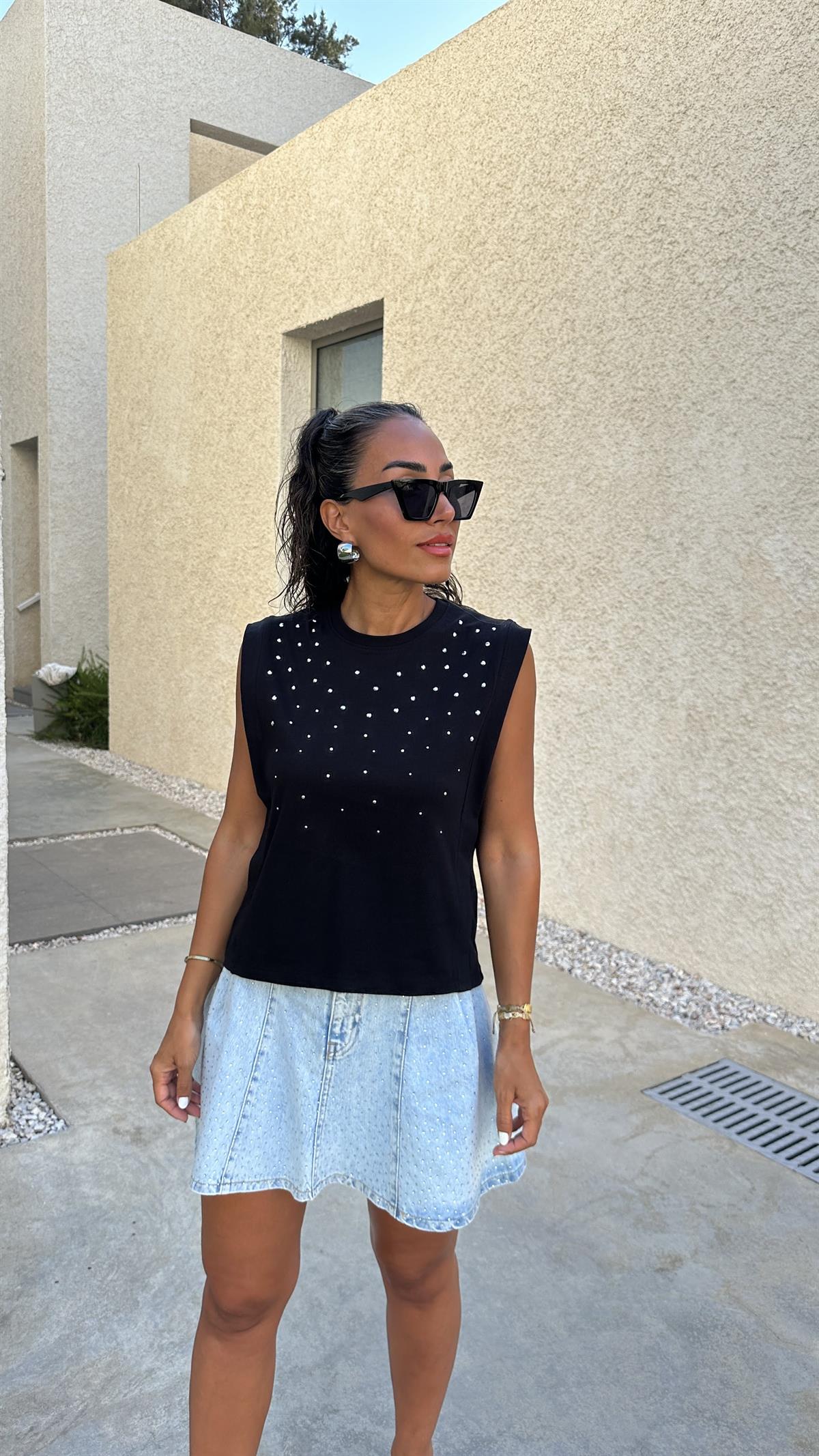 6175 Önü Taşlı Sıfır Kol Tshirt