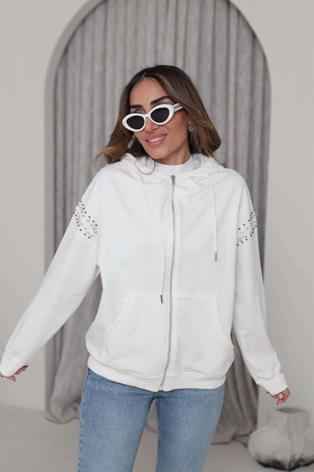 5294 Fermuarlı Kolları Taşlı Kapşonlu Sweatshirt EKRU