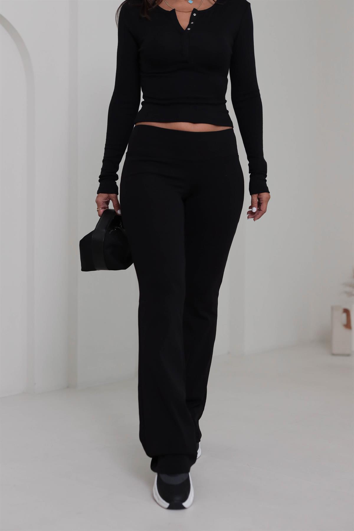 7064 Geniş Kemerli İspanyol Paça Flare Pantolon SİYAH