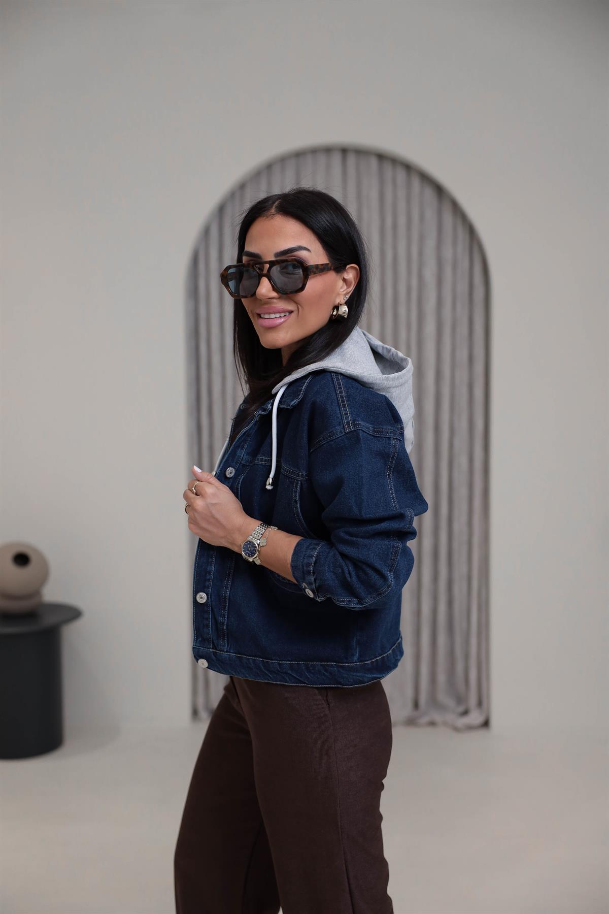 5039 Penye Kapüşonlu Kot Ceket KOYU MAVİ