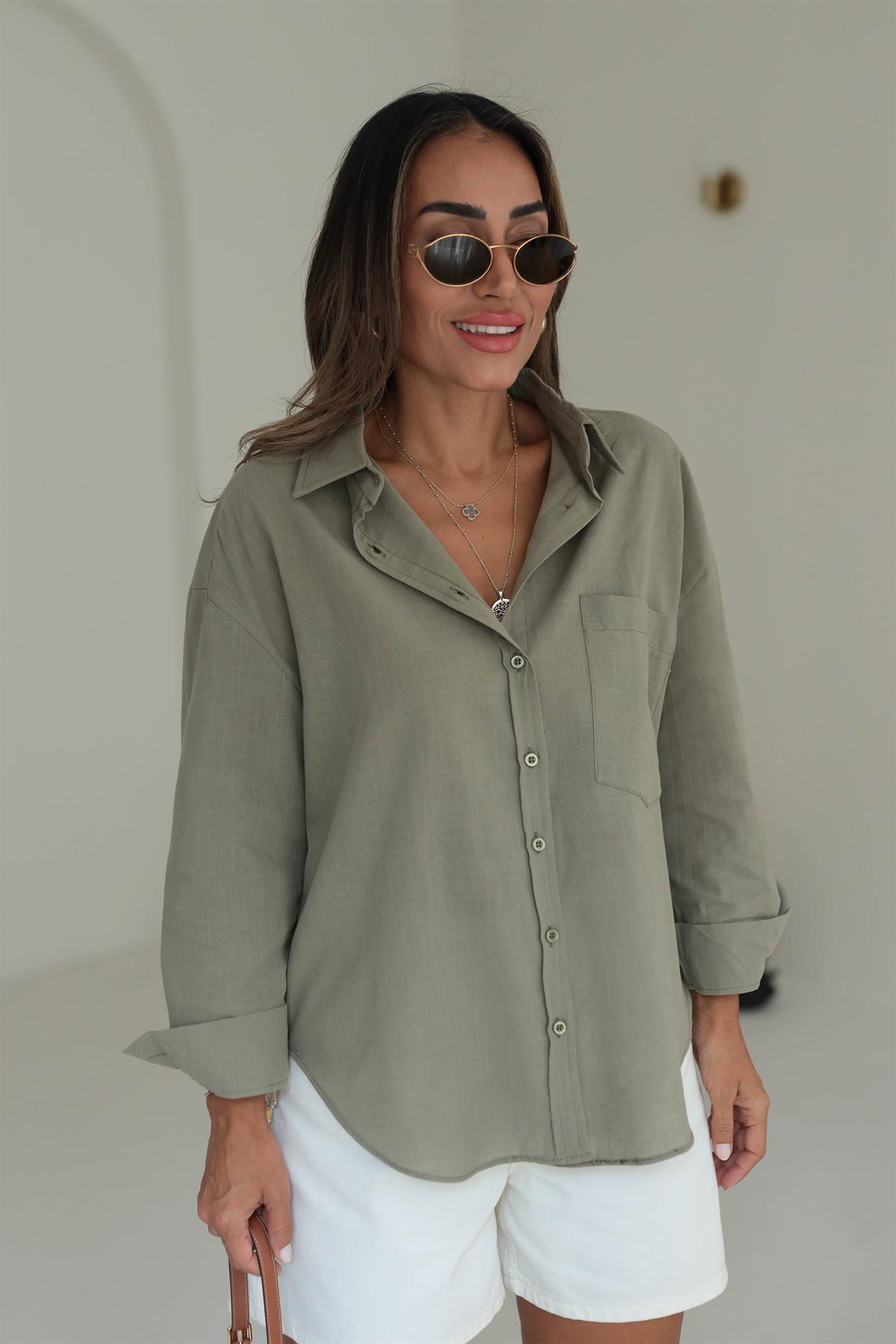 4719 Cep Detaylı Keten Gömlek
