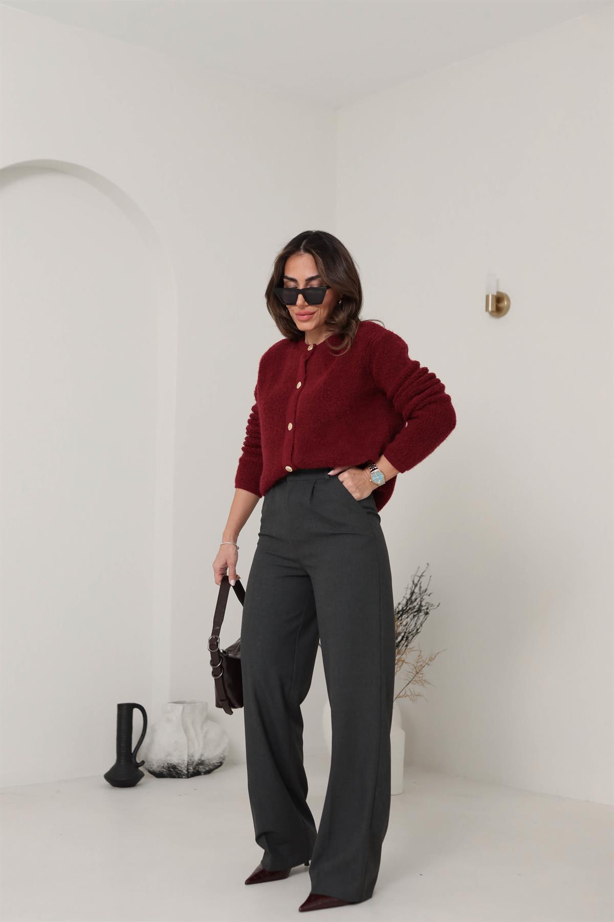 6571 Arka Bel Lastikli Palazzo Pantolon KOYU GRİ