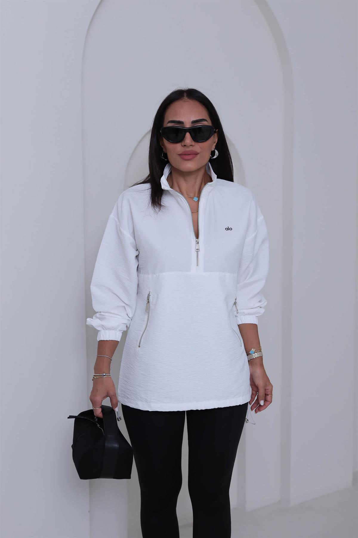 2120 Yazı Baskılı Rahat Paraşüt Sweatshirt BEYAZ