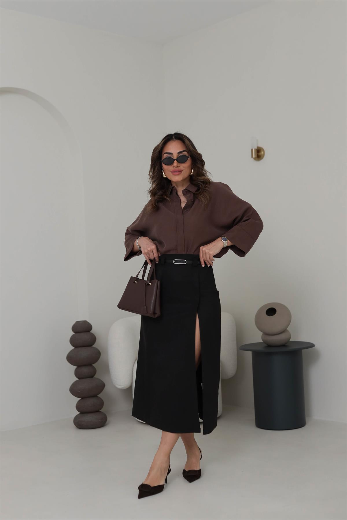 3440 Yarasa Kol Gizli Düğme Detaylı Rahat Gömlek KAHVE