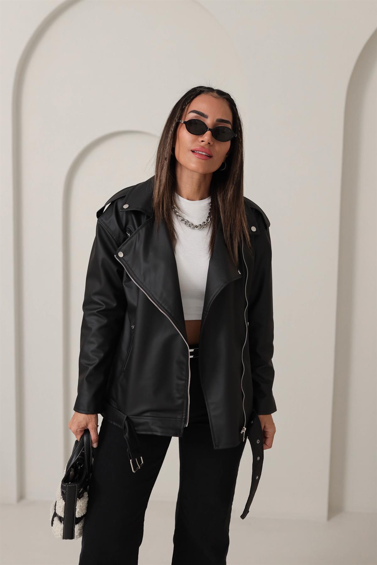 3085 Kolları Fermuar Detaykı Suni Deri Ceket SİYAH