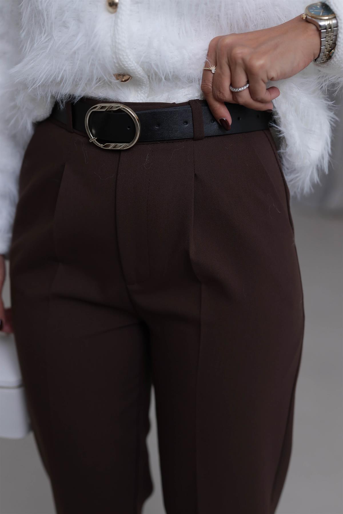 2679 Köprülü Kemer Detaylı Kumaş Pantolon KAHVE