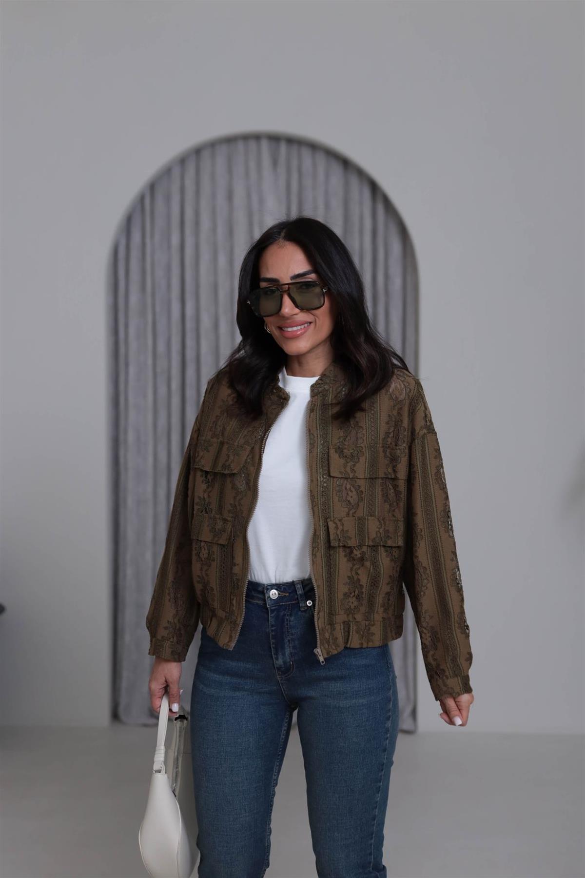 Fermuarlı Cep Kapaklı Dantelli Bomber Ceket HAKİ YEŞİL