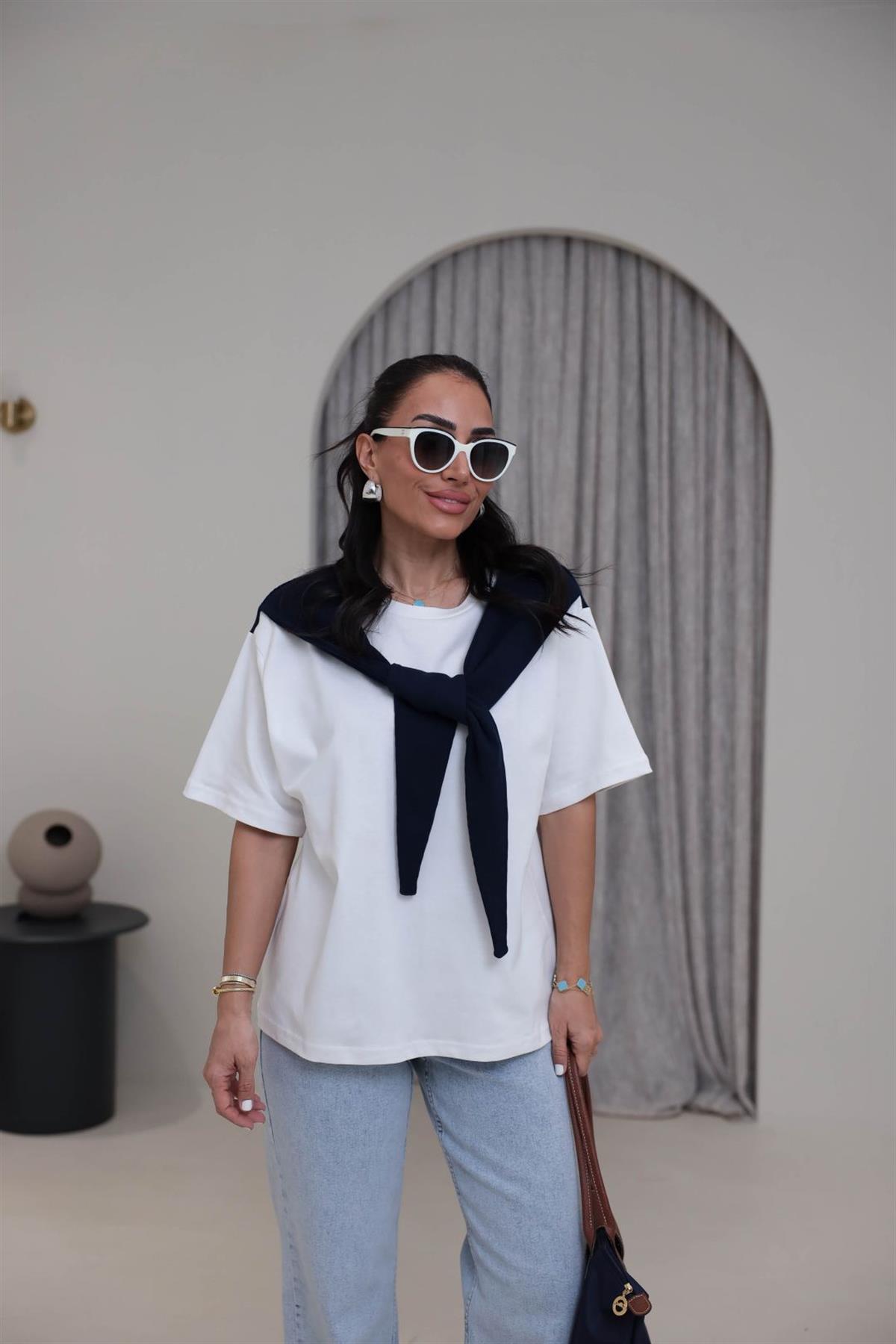 0688 Şal Detaylı Pamuklu Tshirt LACİVERT