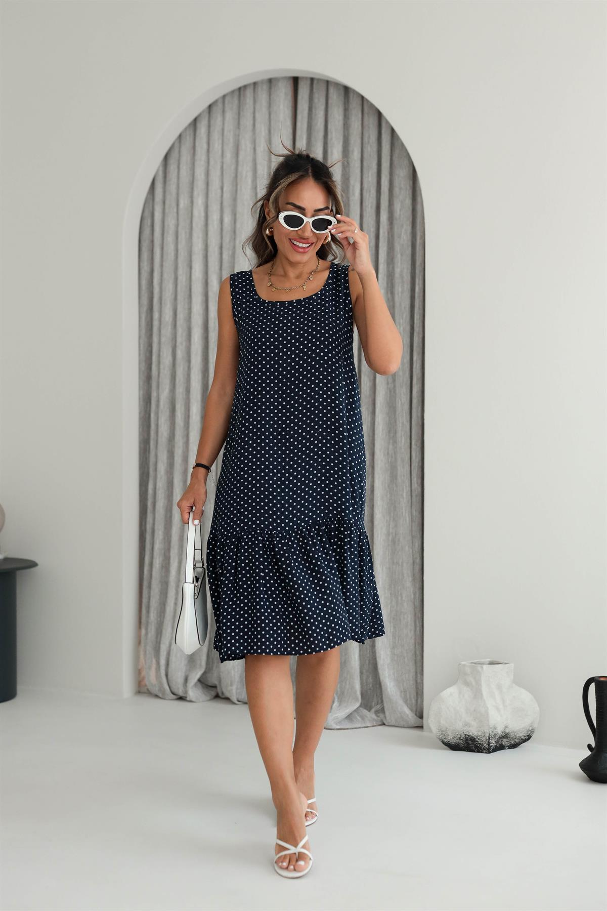 Eteği Fırfırlı Kolsuz Rahat Viskon Elbise