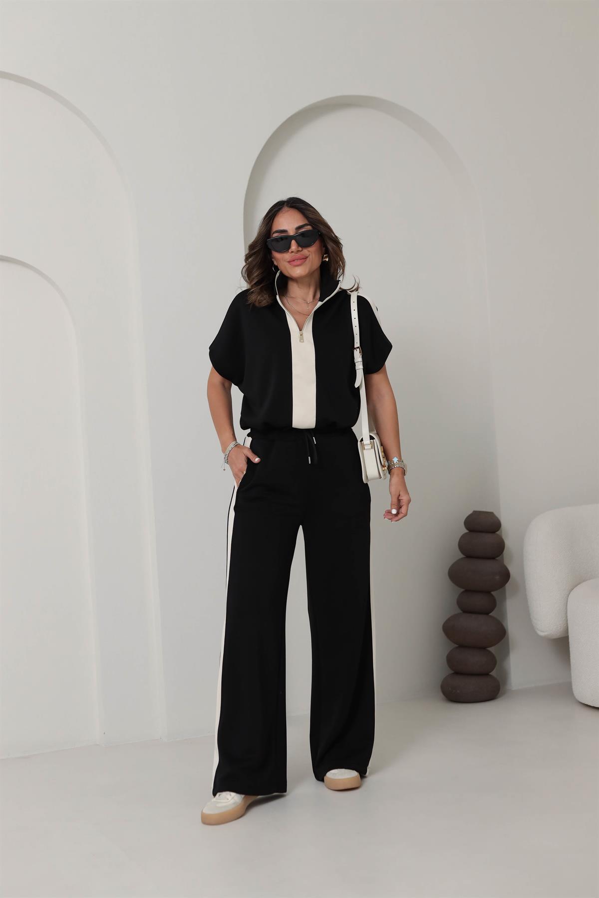 6290 Kısa Kol Renk Bloklu Modal Takım SİYAH-BEJ