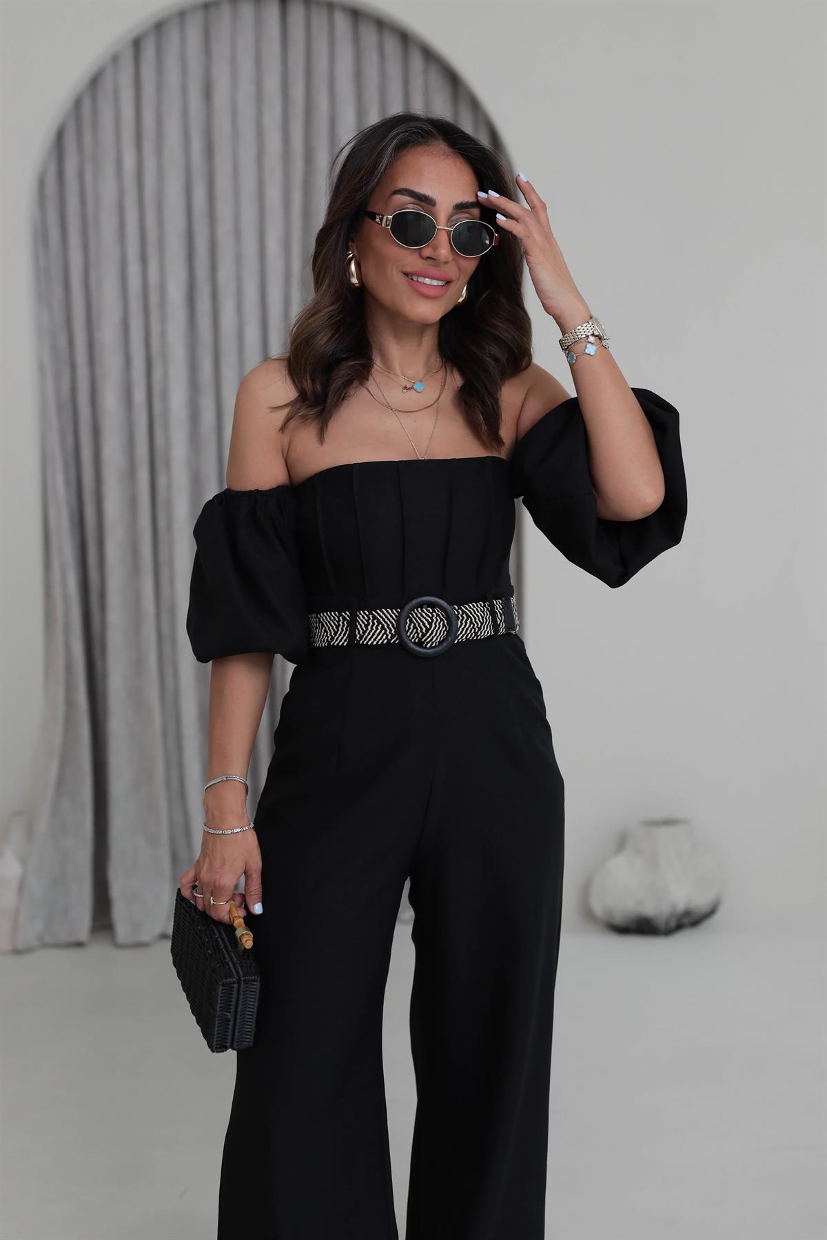 2387 Balon Bol Kemerli Keten Tulum SİYAH