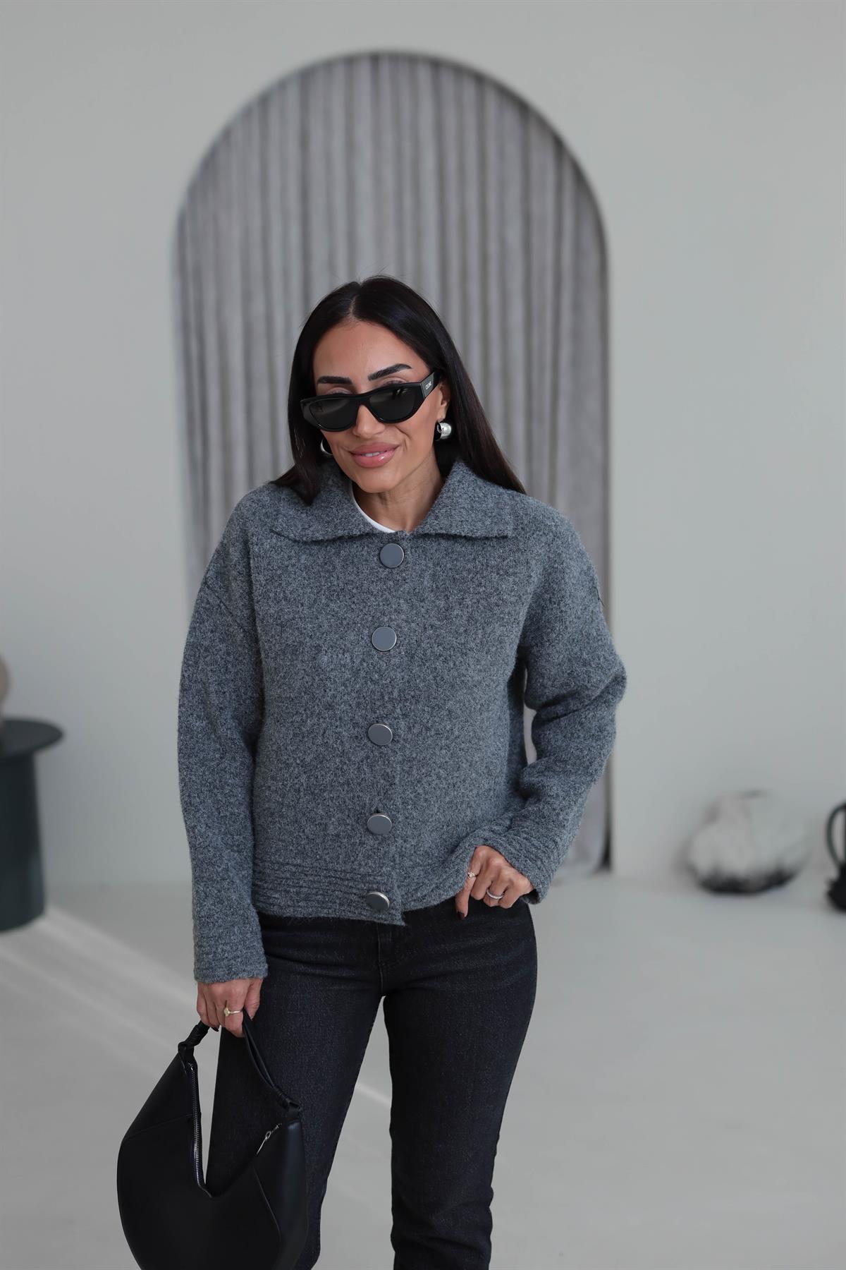 5086 Büyük Düğmeli Polo Yaka Hırka Ceket ANTRASİT