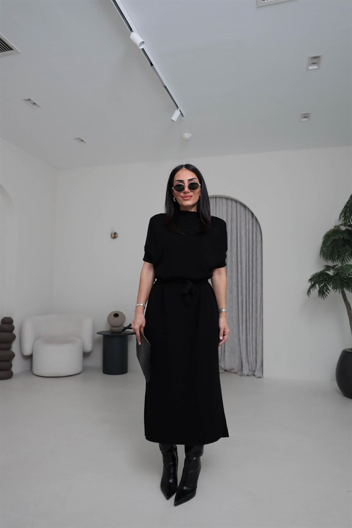 5265 Dik Yaka Kuşaklı Triko Elbise SİYAH