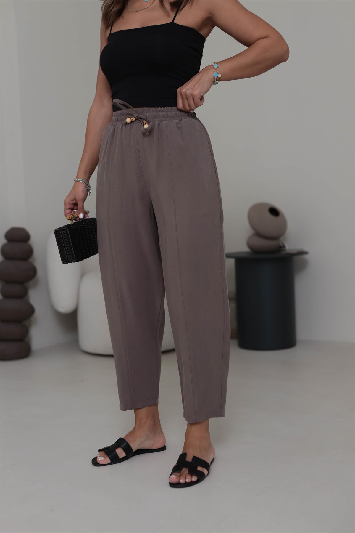 6703 Bel Lastikli Tencel Dokulu Boncuklu Pantolon KAHVE