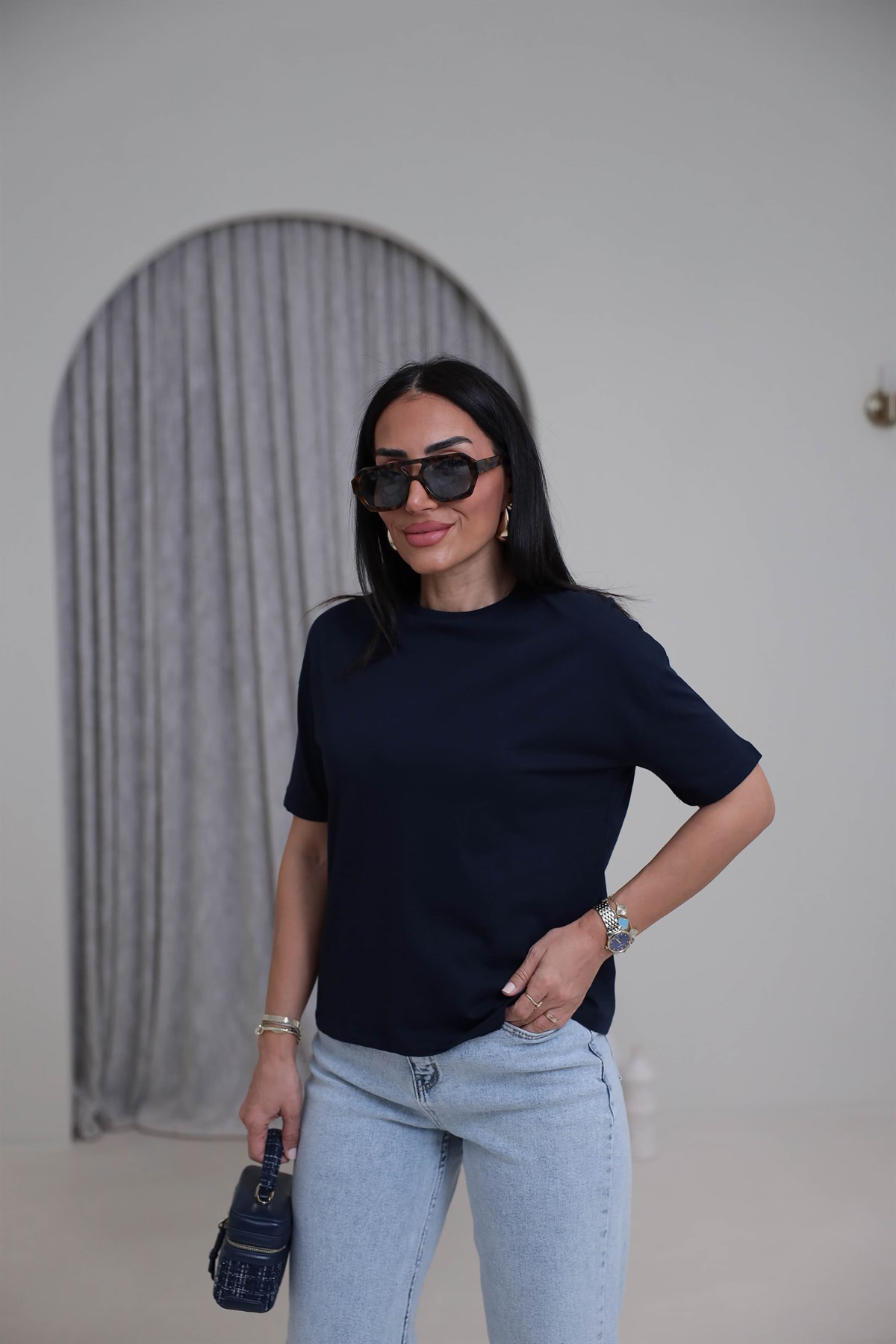 3683Y Bisiklet Yaka Pamuklu Basic Tshirt LACİVERT
