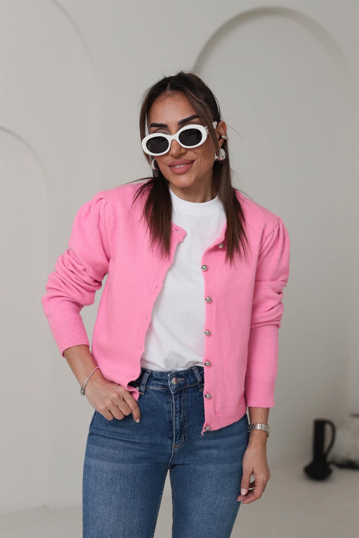 5192 Bisiklet Yaka Gümüş Düğmeli Hırka PEMBE